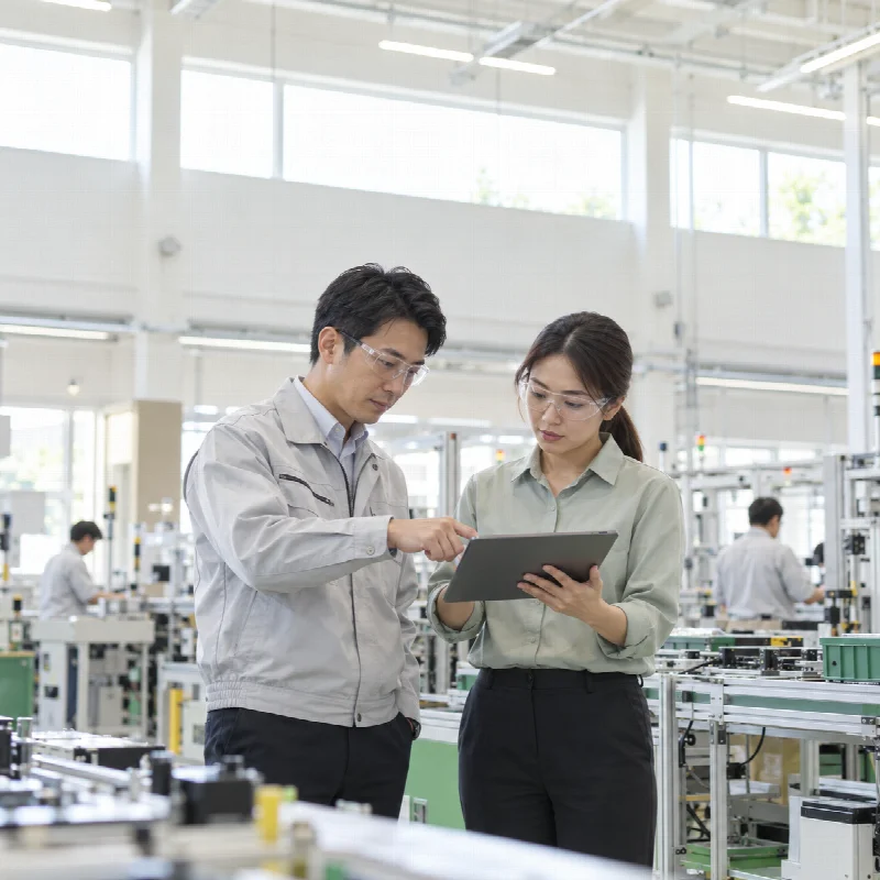 Japanese production manager and Vietnamese coordinator consulting in a manufacturing facility