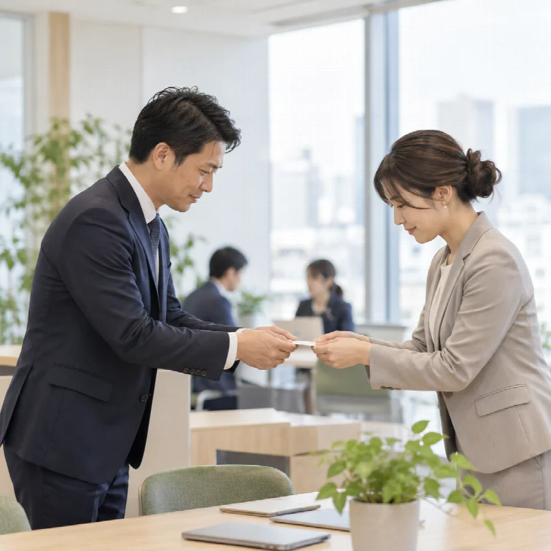 Vietnamese business representative exchanging business cards with a Japanese executive