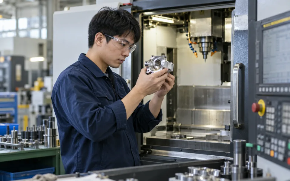 Engineers reading a technical manual on a factory floor