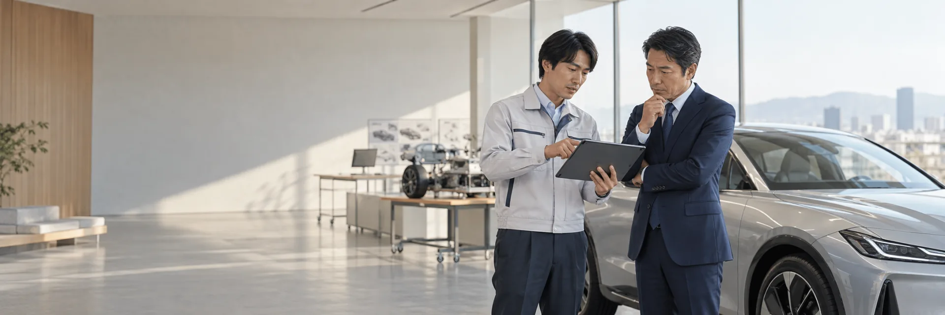 A Japanese automotive engineer in neat workwear showing a technical tablet to a business manager in a navy suit beside a modern unbranded silver car in a clean minimal automotive development studio.