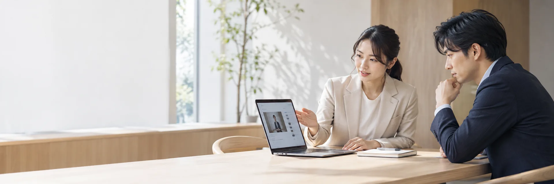 A Japanese female corporate learning specialist presenting a simple digital course on a laptop to a male professional learner at a minimal quiet office training table, restrained notebook and natural daylight.