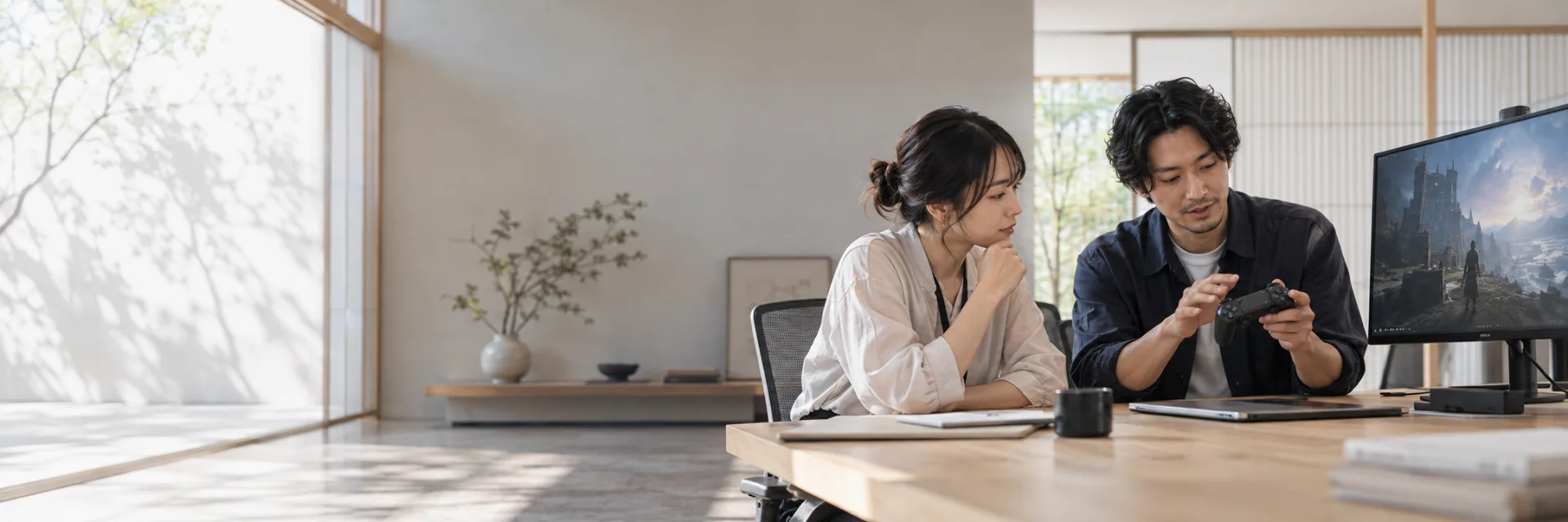 A Japanese female game localization producer and male game designer in smart casual business clothes quietly discussing a game controller and a single monitor showing an abstract game scene in a minimal Japanese creative studio.