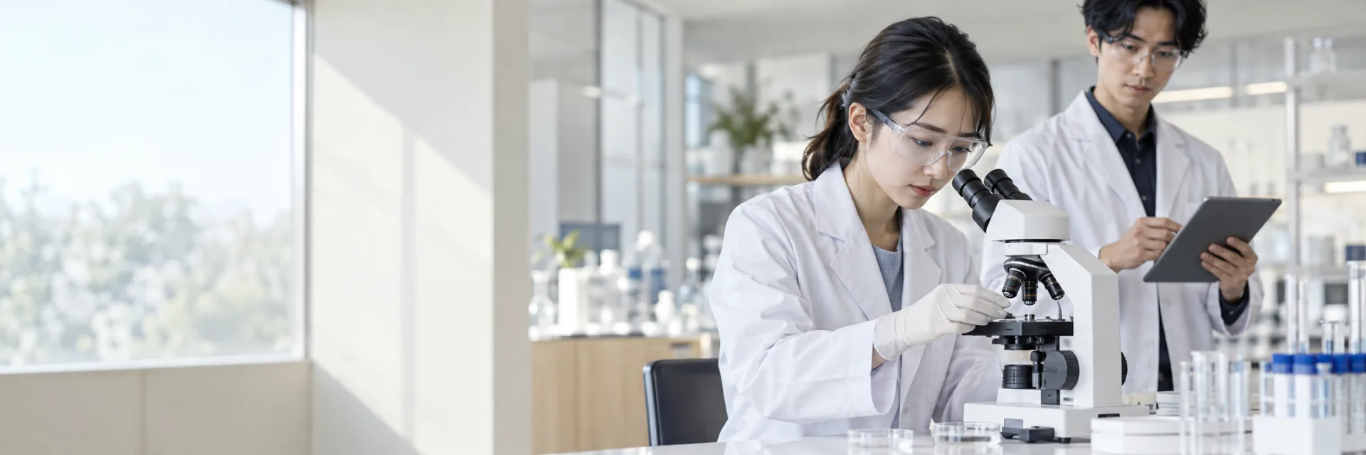A Japanese female scientist in a white lab coat, clear protective glasses and gloves carefully adjusting a microscope while a male research colleague reviews a tablet, bright minimal modern laboratory.