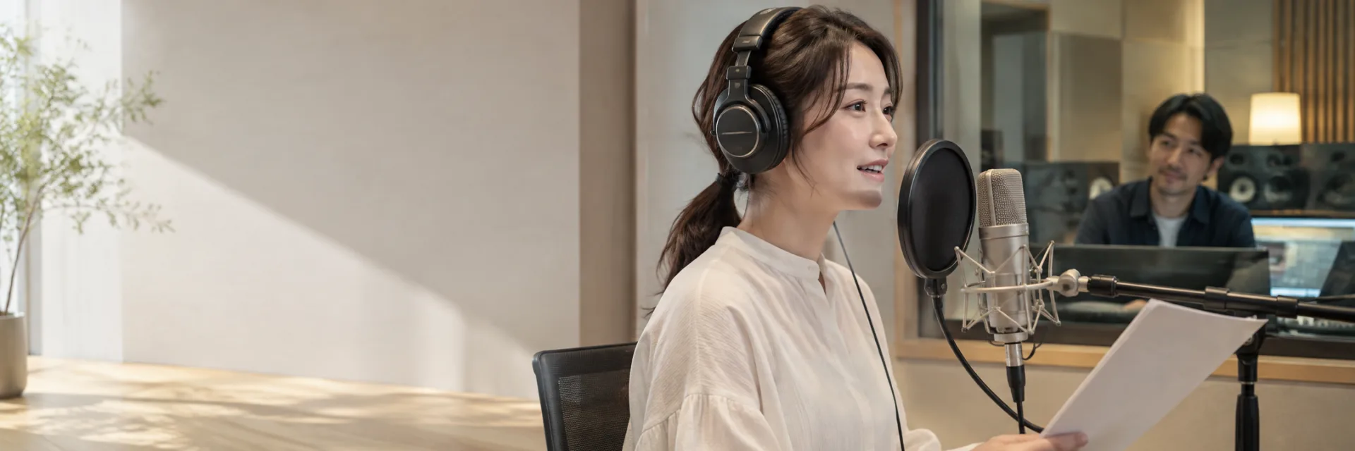 A Japanese female voice artist wearing professional headphones speaking naturally toward a microphone with pop filter, male producer visible through studio glass, elegant minimalist recording studio.