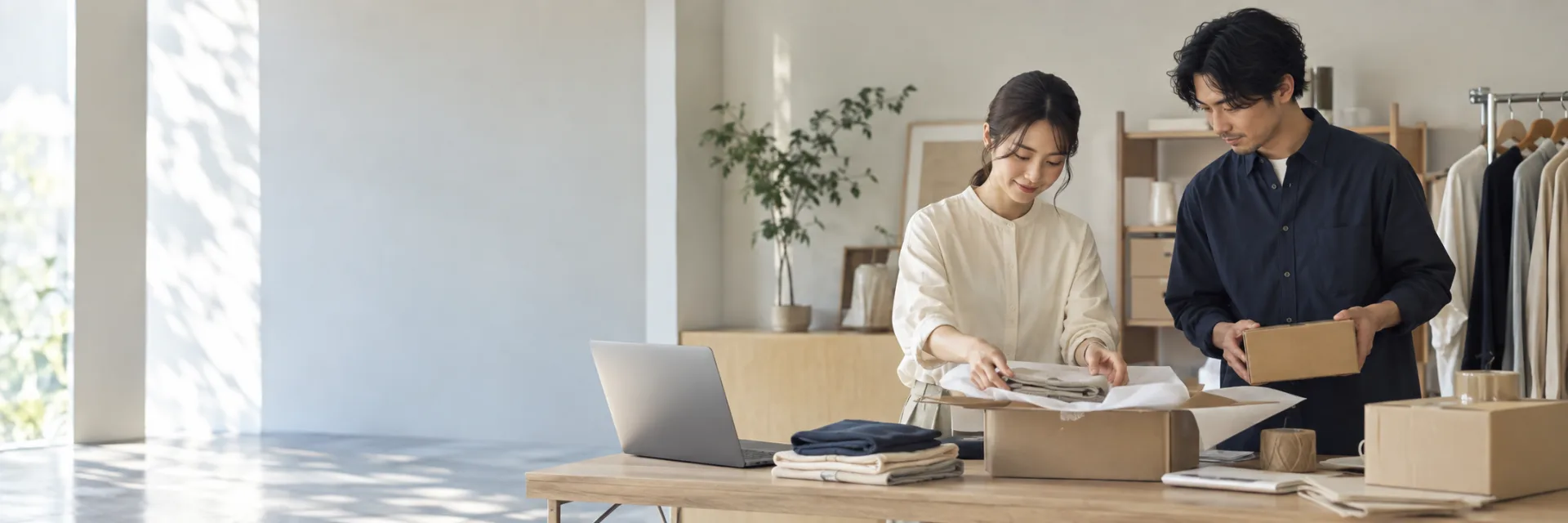 A Japanese female e-commerce business owner and male colleague preparing a neatly packaged order beside a laptop in a minimal modern retail workspace, a few neutral garments on a simple rail.