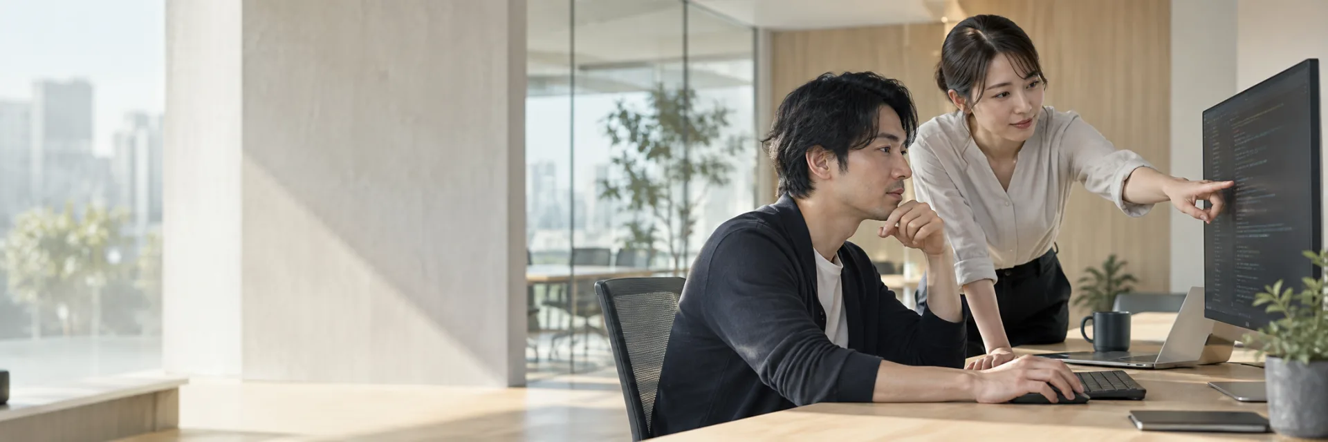Two Japanese software professionals in smart business casual clothing collaboratively reviewing code-like abstract lines on one monitor in a minimalist technology office with glass and pale oak.