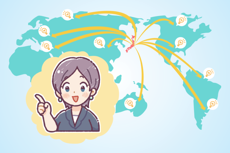 日本とさまざまな国のつながりを示す世界地図を指差している女性のイラスト。  