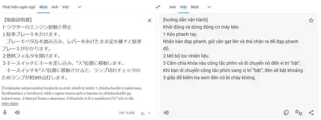 Translation results from google translate application 