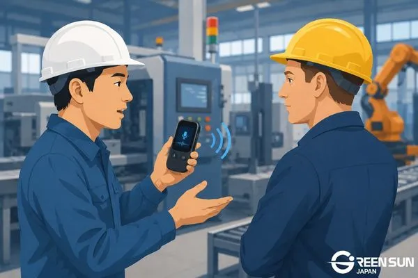 Professional office setting showing an English translation device and a mobile app being used for business communication.