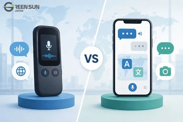 Comparison between handheld English translation devices and smartphone apps for business meetings.