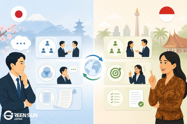 Illustration comparing Japanese and Indonesian communication styles in a business context.