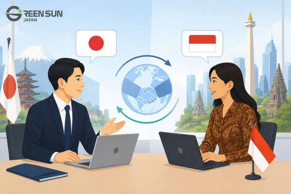 Business meeting between Japanese and Indonesian professionals focusing on clear communication.