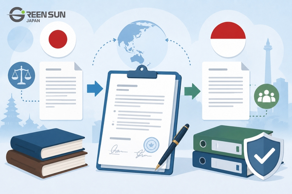 Professional reviewing a business contract for accurate Japanese to Indonesian translation.