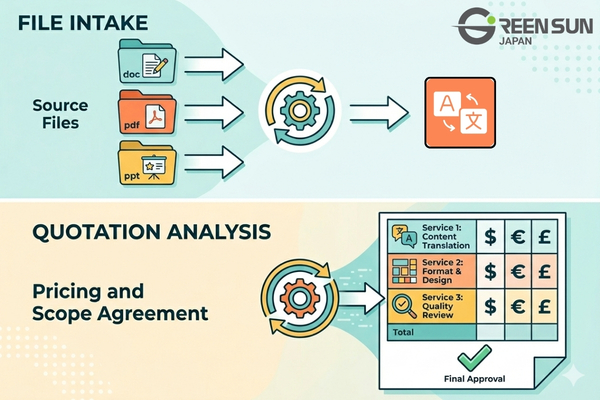 TRANSLATIONWORKFLOWFileIntakeAnalysis1 | 多言語翻訳のGreen Sun Japan 株式会社 Professional Translation Workflow: From File Submission To Final QA - File Intake & Analysis