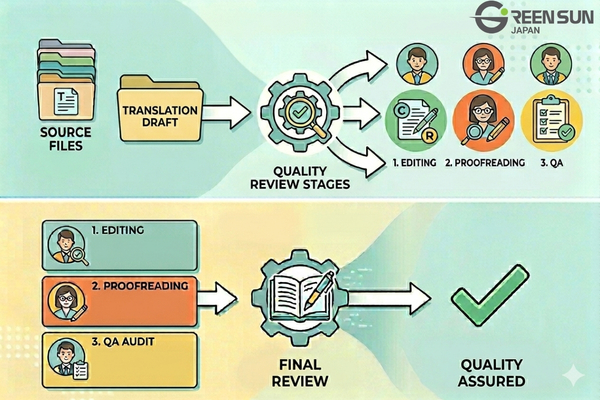 TRANSLATIONWORKFLOWReviewQA1 | 多言語翻訳のGreen Sun Japan 株式会社 Professional Translation Workflow: From File Submission To Final QA - Review & QA