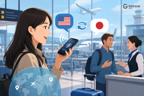 A traveler at an airport uses a smartphone with a voice translation app to communicate in English and Japanese during an international trip.