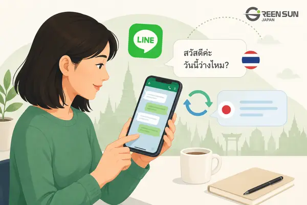 Translating Thai LINE messages on a smartphone using mobile translation tools.