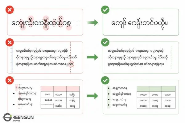 A split screen showing a broken Burmese layout with font corruption versus a perfectly formatted Myanmar Unicode translation.