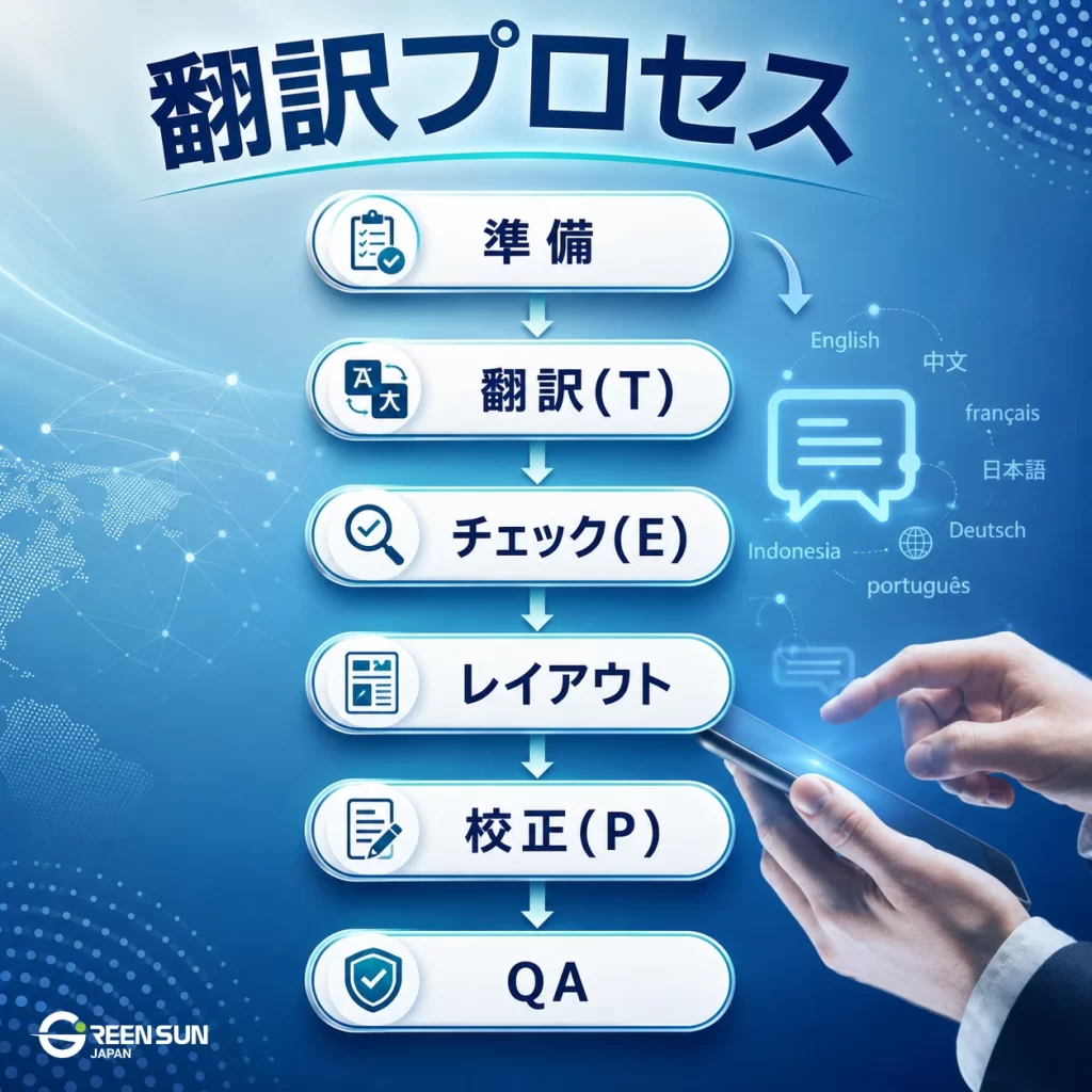 Translation process infographic showing preparation, translation, checking, layout, proofreading, and QA for multilingual language services