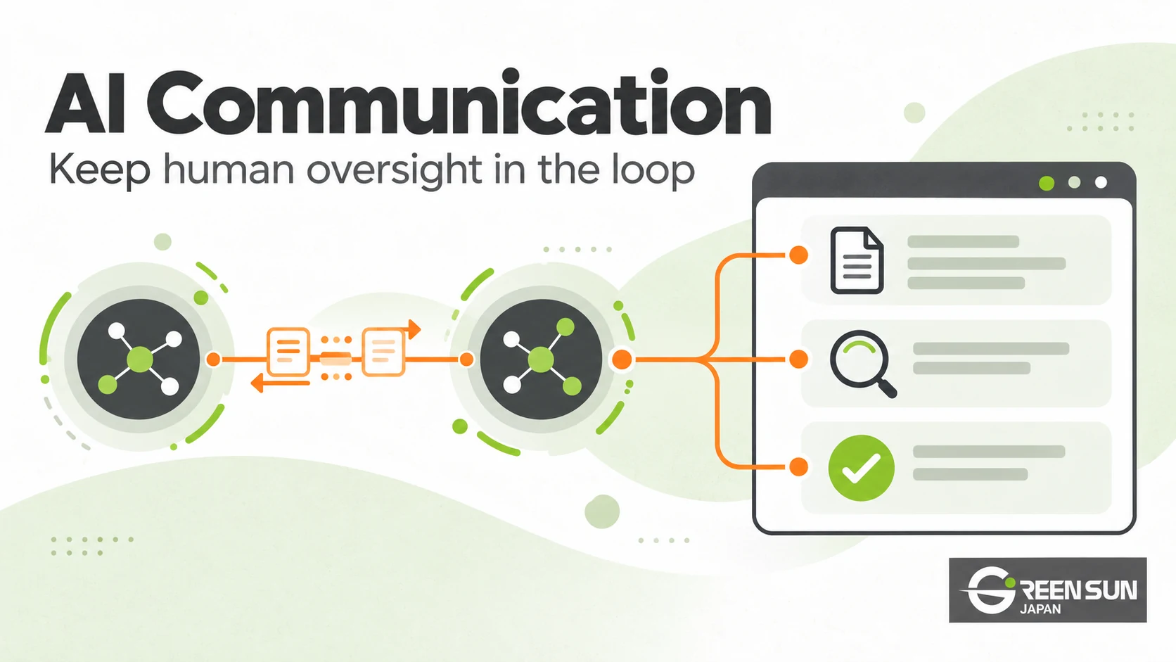 Conceptual illustration of AI agents exchanging messages connected to a document review and approval checkpoint