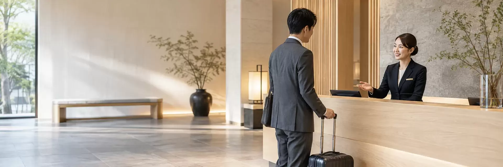A Japanese hotel concierge in a tailored business uniform welcoming a business traveler with a small suitcase at a minimalist boutique hotel reception, pale oak counter and restrained architectural details.