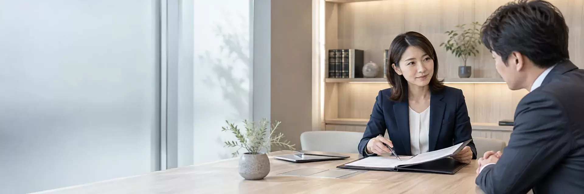 A Japanese female lawyer in a navy suit discussing a neatly organized contract folder with a business client in a refined minimalist law office, discreet oak shelves and frosted glass.